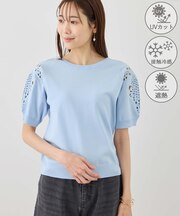 八方映えニット 袖レースニットプルオーバー/UVカット・接触冷感・イージーケア