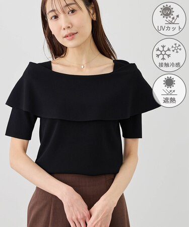 八方映えニット ハーフスリーブケープニットプルオーバー/UVカット・接触冷感・イージーケア