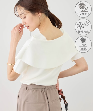 八方映えニット ハーフスリーブケープニットプルオーバー/UVカット・接触冷感・イージーケア