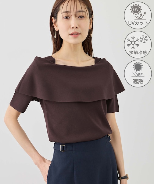 八方映えニット ハーフスリーブケープニットプルオーバー/UVカット・接触冷感・イージーケア
