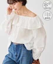 お着軽シャツシリーズ コットンボイルレース使いオフショルブラウス/接触冷感・通気性