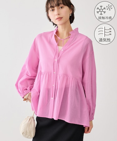 お着軽シャツシリーズ コットンボイルスタンドフリルシャツ/接触冷感・通気性