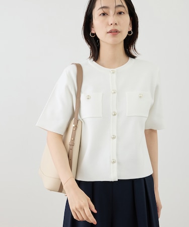 ミラノリブ金ボタン半袖カーディガン