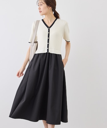 メタル釦布帛ドッキングハーフスリーブニットワンピース