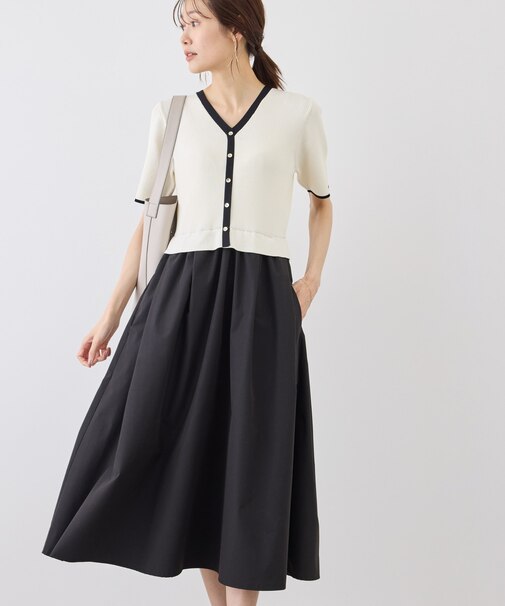 メタル釦布帛ドッキングハーフスリーブニットワンピース