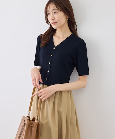 メタル釦布帛ドッキングハーフスリーブニットワンピース