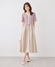 メタル釦布帛ドッキングハーフスリーブニットワンピース