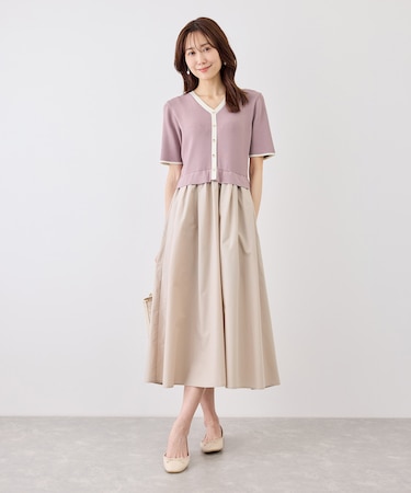 メタル釦布帛ドッキングハーフスリーブニットワンピース