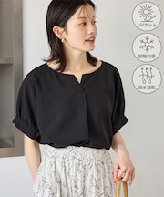 エアリーリネンライク キーネックブラウス/接触冷感・UVカット・速乾