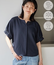 エアリーリネンライク キーネックブラウス/接触冷感・UVカット・速乾