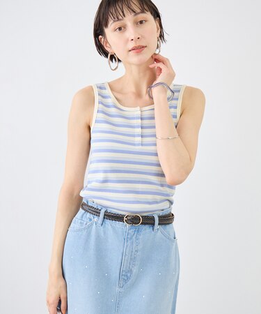 マルチボーダーヘンリーネックタンクトップ