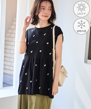 シャーベットニット 刺繍シアーペプラムニット/UVケア・接触冷感