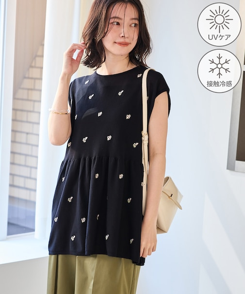 シャーベットニット 刺繍シアーペプラムニット/UVケア・接触冷感