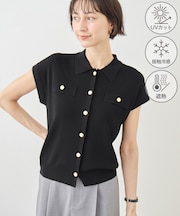 八方映えニット 金ボタンフレンチスリーブポロカラーカーディガン/UVカット・接触冷感・イージーケア