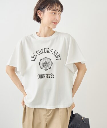 カレッジロゴプリントフレアスリーブピグメントTシャツ/リンクコーデ