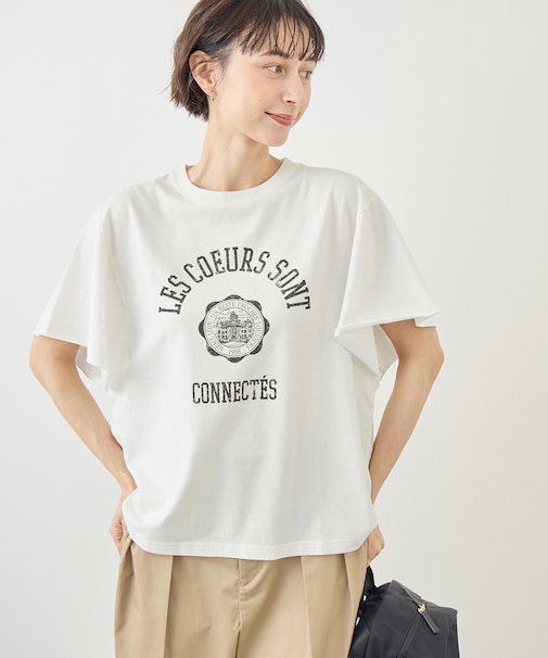 カレッジロゴプリントフレアスリーブピグメントTシャツ/リンクコーデ