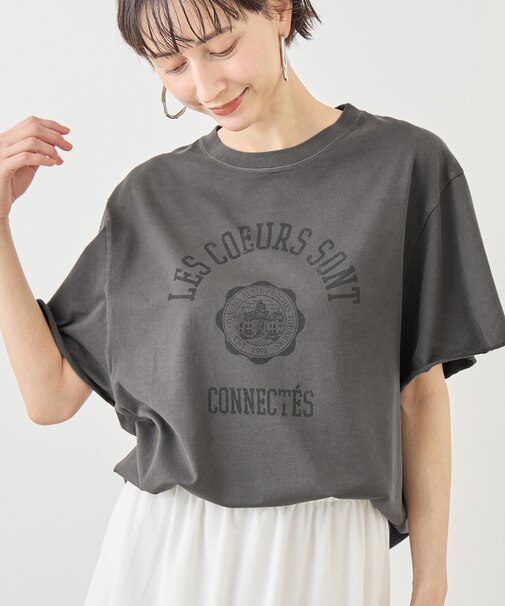 カレッジロゴプリントフレアスリーブピグメントTシャツ/リンクコーデ
