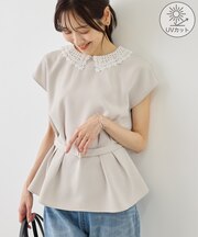 襟レースフレンチスリーブブラウス/UVカット
