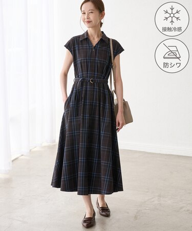 ウエストタックチェックアソートワンピース/接触冷感・防シワ・リンクコーデ
