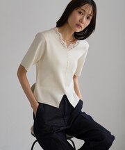襟レースドッキングニット