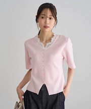襟レースドッキングニット