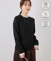 アンチピリングレイヤード風クルーネックニット/リンクコーデ