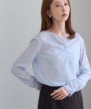 フロントギャザーVネックシアーフロッキートップス