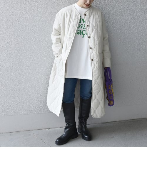 新品　THERMORE キルティング ノーカラー クルーネック ロングコート　黒 SHIPS any コート アウター any: THERMORE キルティング ノーカラー