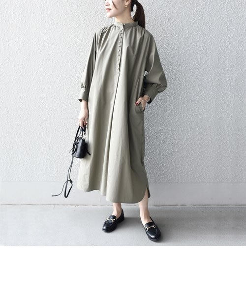 手洗い可能〉ソリッドパールモチーフボタンドルマンワンピース