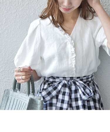 【WEB限定】SHIPS any:〈ウォッシャブル〉リネン チビフリル パフ シャツ ブラウス