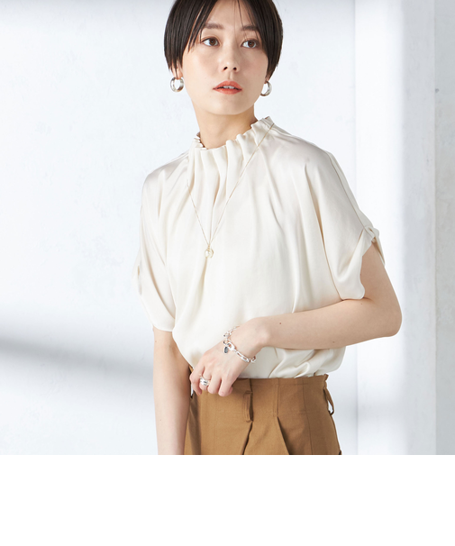 〈手洗い可能〉ネック ギャザー ソリッド ブラウス