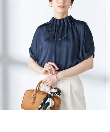 〈手洗い可能〉ネック ギャザー ソリッド ブラウス