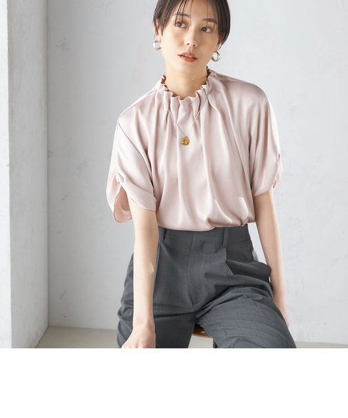 〈手洗い可能〉ネック ギャザー ソリッド ブラウス