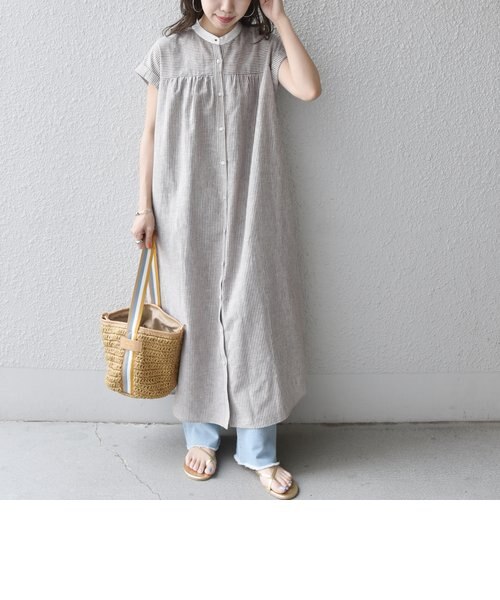 タグ付新品　SHIPS any サマーストライプシャツワンピース　リネン混 SHIPS any:〈ウォッシャブル〉リネン ミックス サマー ストライプ