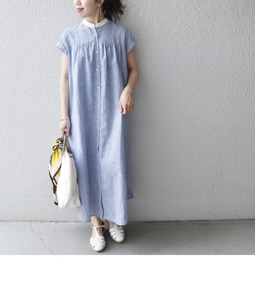 タグ付新品　SHIPS any サマーストライプシャツワンピース　リネン混 SHIPS any:〈ウォッシャブル〉リネン ミックス サマー ストライプ