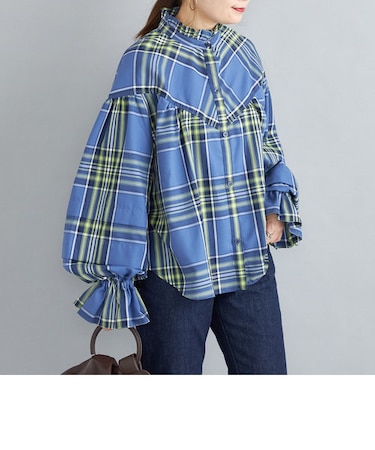 【SHIPS別注】VIOLETTE ROOM:チェック スタンドフリル ブラウス◇