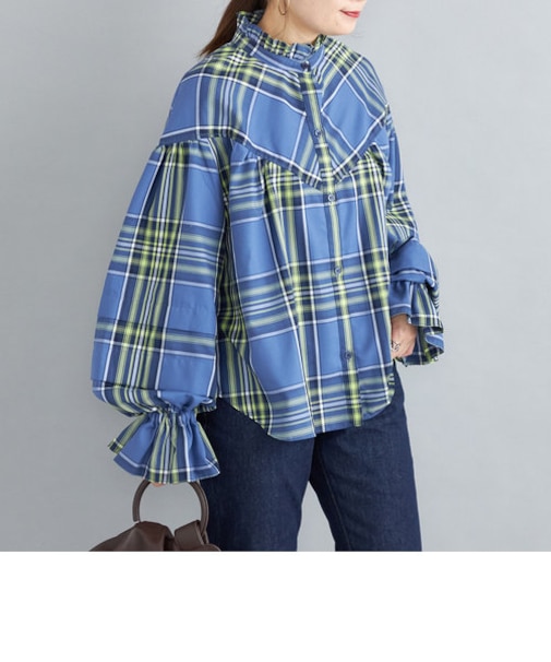 【SHIPS別注】VIOLETTE ROOM:チェック スタンドフリル ブラウス◇