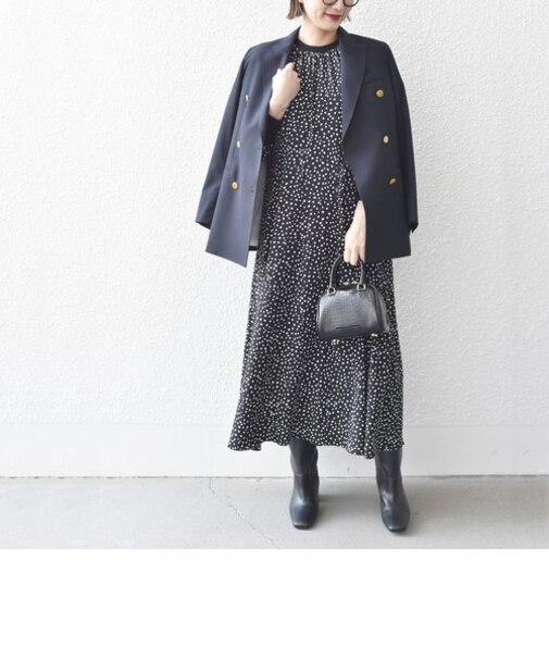 《一* 〈洗濯機可能〉ジョーゼットリブ切替ロングスリーブワンピース◇