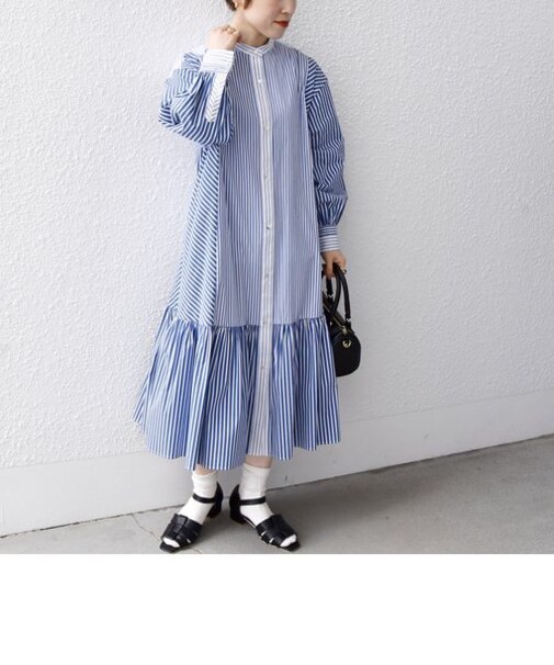 SHIPS any:〈洗濯機可能〉パッチ ストライプ ギャザー シャツ ワンピース