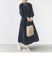 【WEB限定】〈手洗い可能〉ドット / 花柄 バンドカラー サイド プリーツ ワンピース