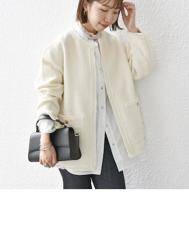 【WEB限定】SHIPS any:〈手洗い可能〉ツイード ノーカラー オーバー ジャケット