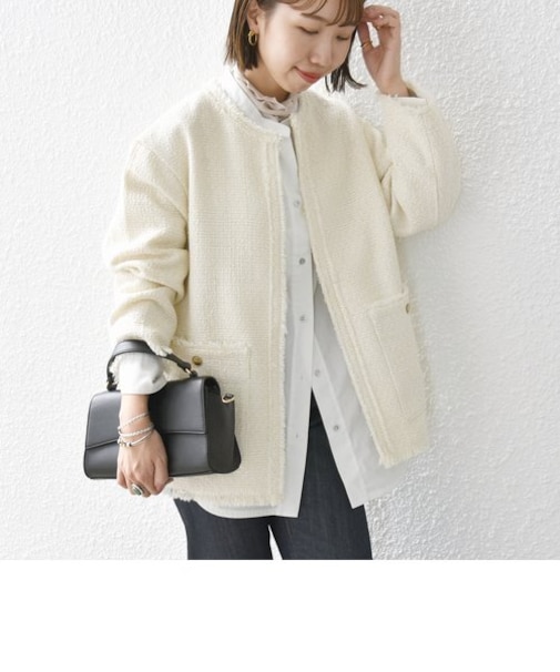 【WEB限定】SHIPS any:〈手洗い可能〉ツイード ノーカラー オーバー ジャケット