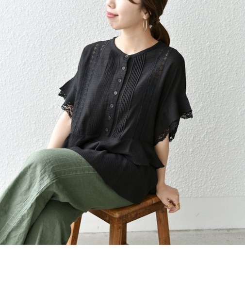 SHIPS any:〈洗濯機可能〉レース タック ペプラム ブラウス