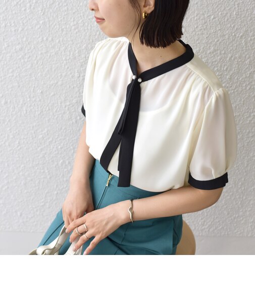 * 〈接触冷感 / 手洗い可能〉ボウタイ ショート スリーブ ブラウス◇