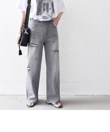 * 〈洗濯機可能〉リサイクルコットン使用 セミワイド ダメージ デニム◇