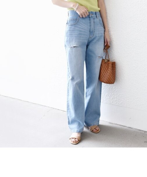 * 〈洗濯機可能〉リサイクルコットン使用 セミワイド ダメージ デニム◇