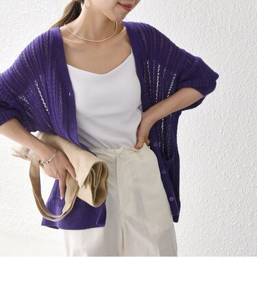 SHIPS any:〈手洗い可能〉メッシュ 透かし編み リネン ラミー Vネック カーディガン