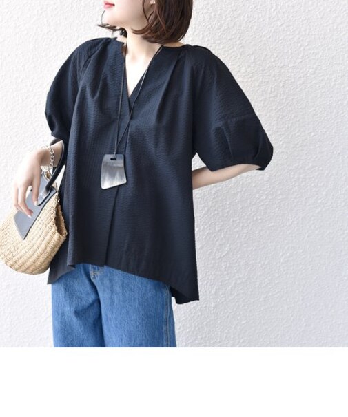 * 〈手洗い可能〉シアサッカー フォルム スリーブ スキッパー ブラウス◇