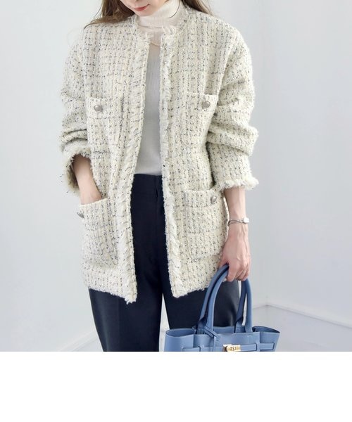 【新品】18,920円　quaranciel ツイード ジャケット セール】 quaranciel: ブルー ツイード ノーカラー ジャケット