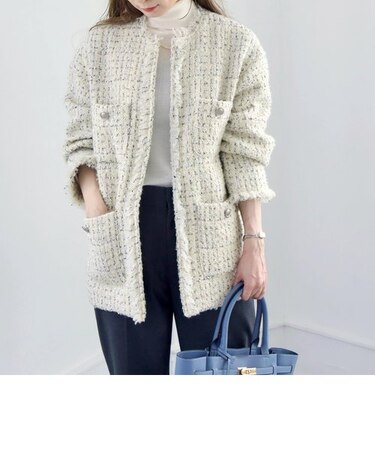 quaranciel: ファンシー ツイード ノーカラー ジャケット